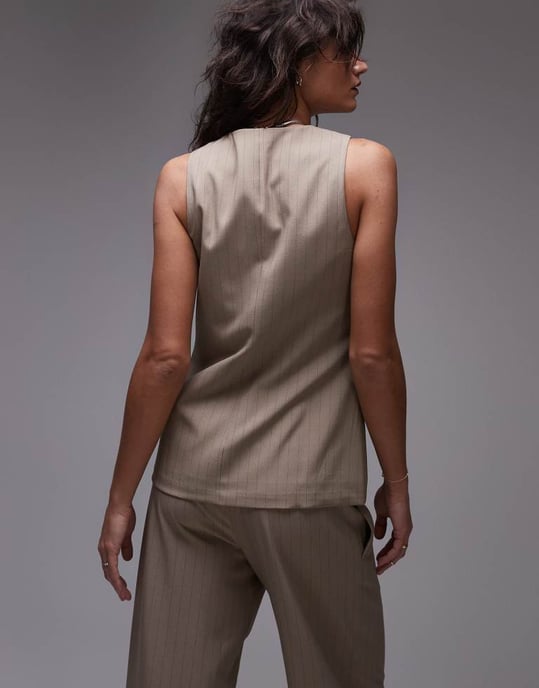 Topshop höghalsskjortväst med ficka i randig taupe - Image 4