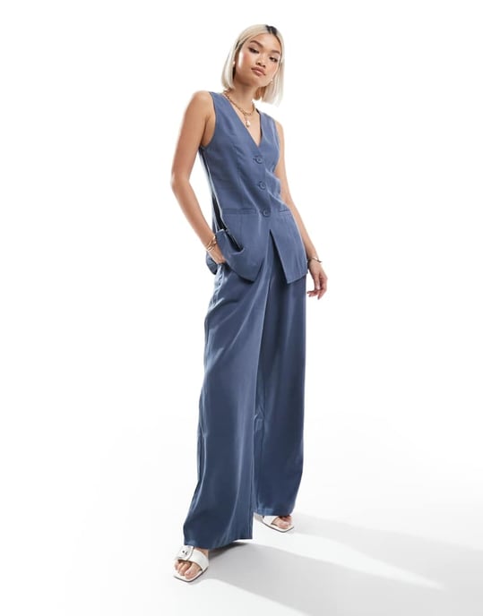 ASOS DESIGN longline waistcoat co-ord in washed blue - Image 4