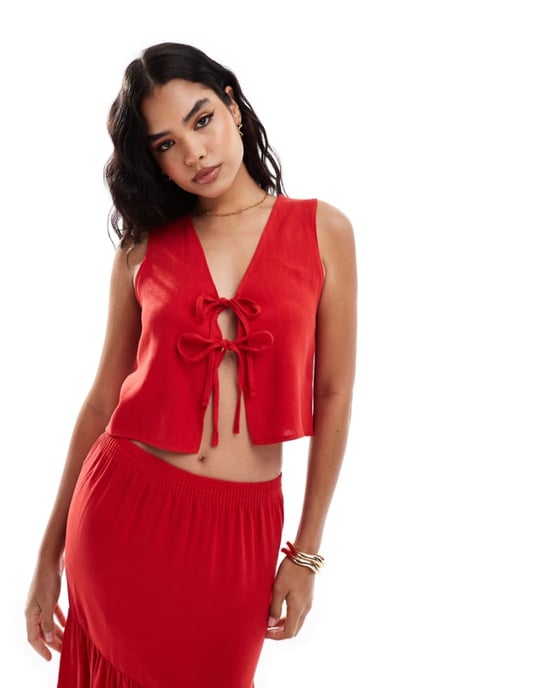 Miss Selfridge tie front linen waistcoat in red - Image 1