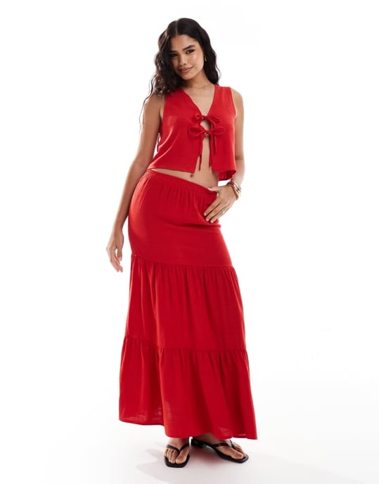 Miss Selfridge tie front linen waistcoat in red - Image 2