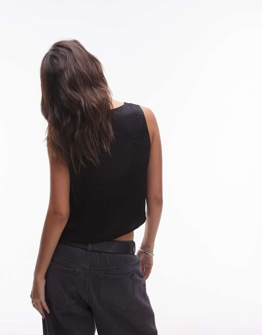 Topshop satin asymmetrisk knytväst i svart - Image 4