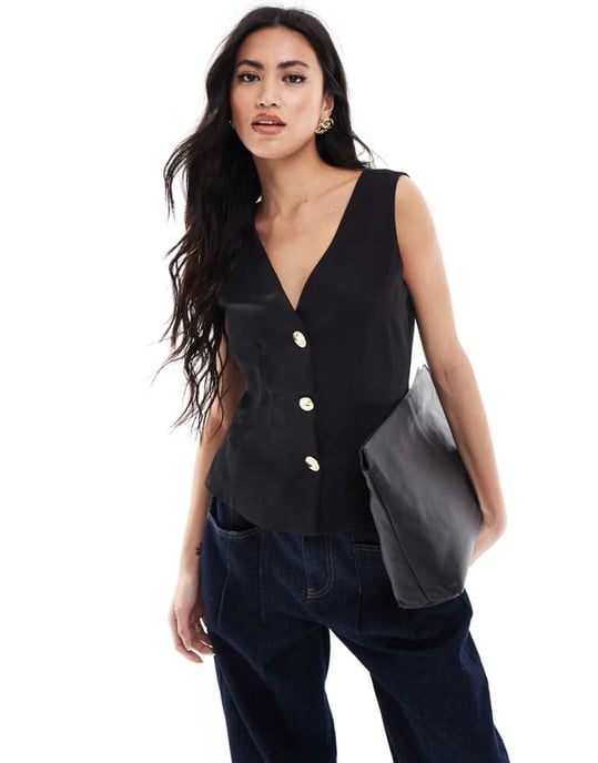 ASOS DESIGN tailored peplum waistcoat with trims in black - Image 1