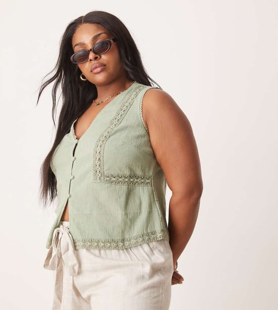 ASOS DESIGN Curve lace trim waistcoat in sage - Image 1