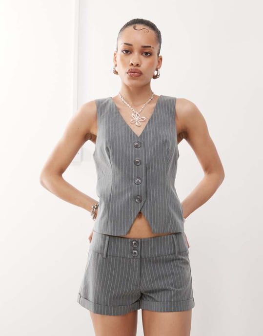 Motel luno button front waistcoat co-ord in pinstripe grey - Image 1