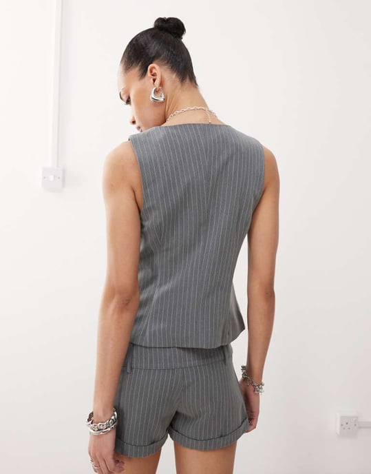 Motel luno button front waistcoat co-ord in pinstripe grey - Image 3