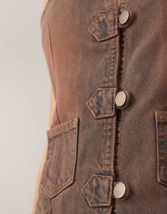 Återvunnen vintage western jeansväst i tvättad brun - Image 3