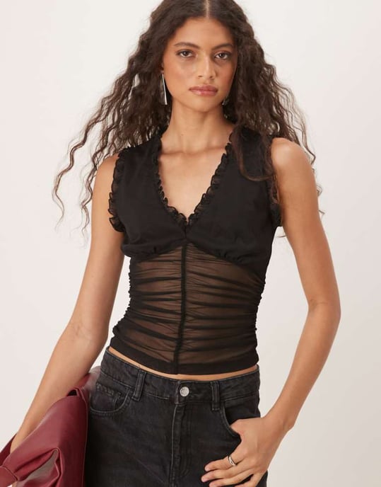 ASOS DESIGN mesh volang samlad linne i svart - Image 1