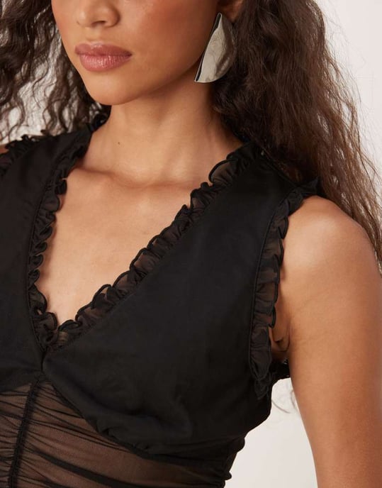 ASOS DESIGN mesh volang samlad linne i svart - Image 3