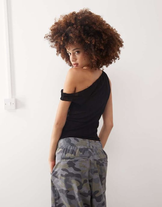 COLLUSION asymmetric off the shoulder tank in black - Image 2