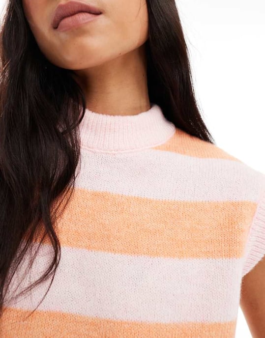 Miss Selfridge stickad linne i mjuk rosa och orange randig - Image 2