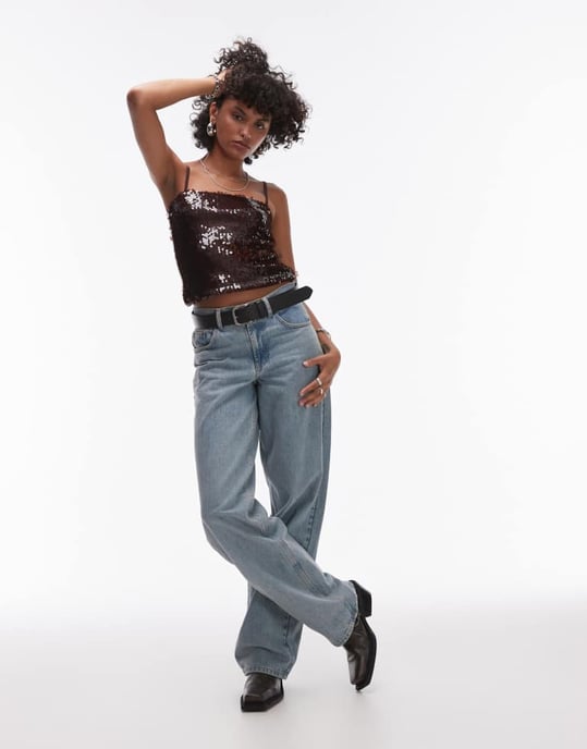 Topshop tyngd paljettlinne i brunt - Image 2