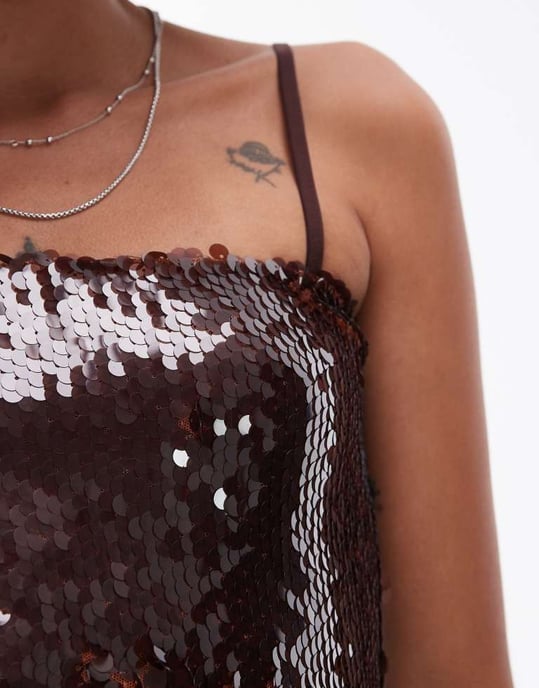 Topshop tyngd paljettlinne i brunt - Image 3