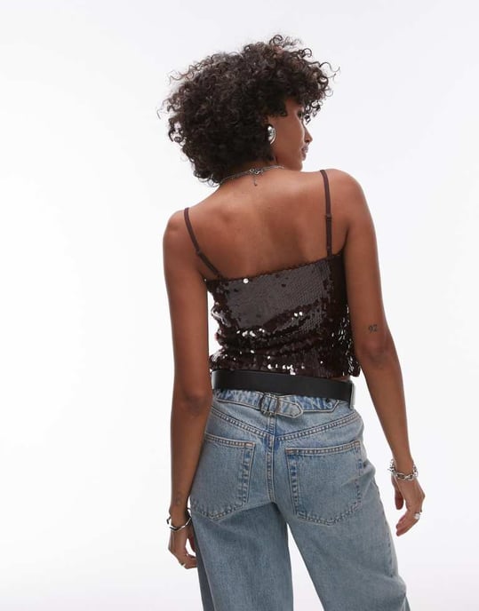 Topshop tyngd paljettlinne i brunt - Image 4