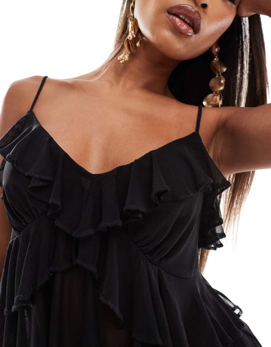 ASOS DESIGN mesh top med volanger i svart - Image 3