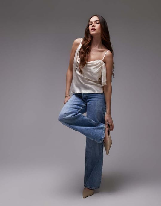 Topshop dubbelslinga satin topp med volang i champagne - Image 2