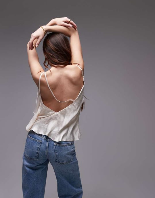 Topshop dubbelslinga satin topp med volang i champagne - Image 4