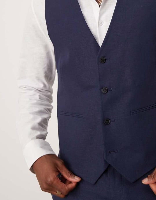 ASOS DESIGN linen blend slim suit waistcoat in navy - Image 4