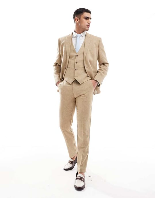 ASOS DESIGN bröllops slim ullmix väst i beige korgvävsträuktur - Image 2
