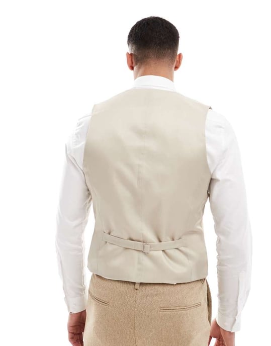 ASOS DESIGN bröllops slim ullmix väst i beige korgvävsträuktur - Image 4