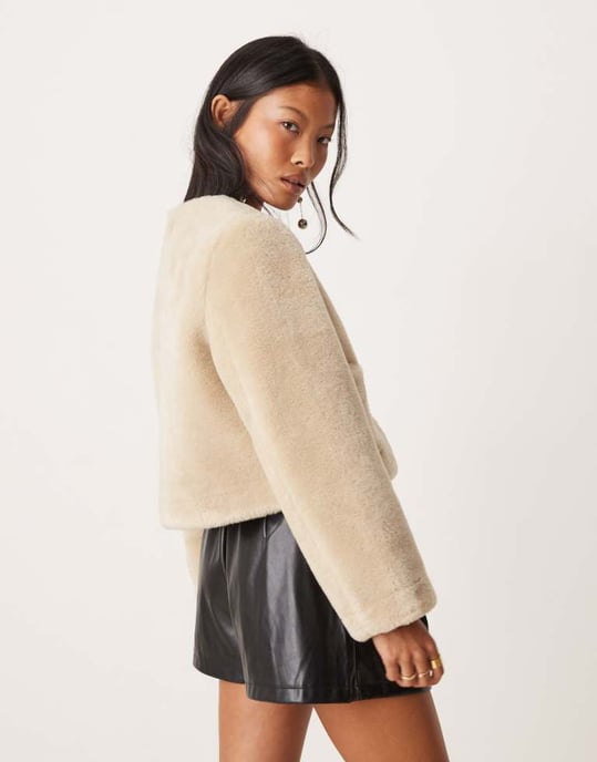 ASOS DESIGN Petite collarless bonded borg jacket in cream - Image 4