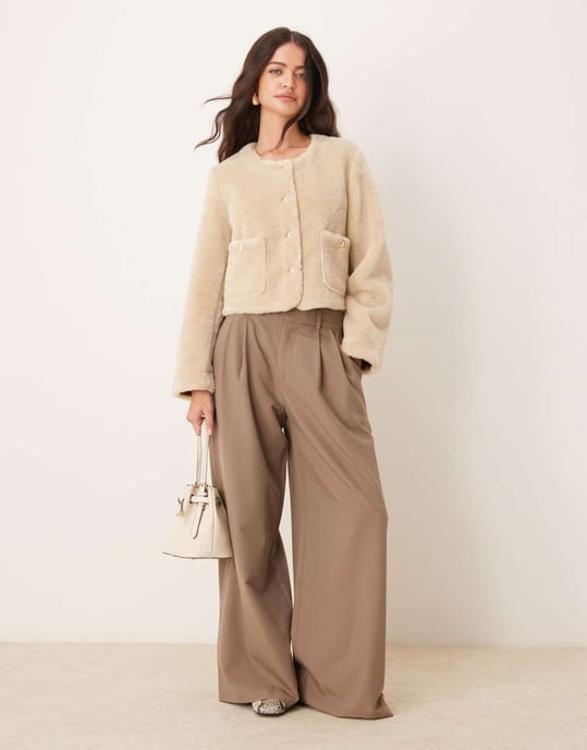 ASOS DESIGN collarless bonded borg jacket in cream - Image 3