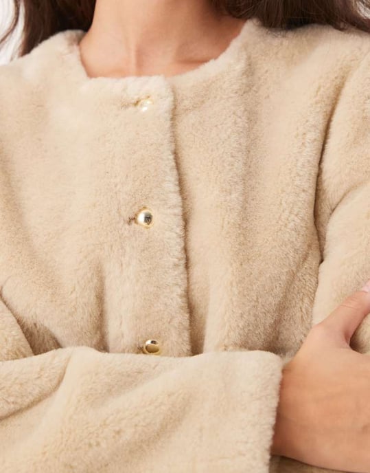 ASOS DESIGN collarless bonded borg jacket in cream - Image 4