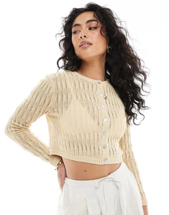 Monki stickad cardigan med sömdetaljer i smörgul - Image 1