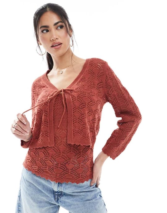 Vero Moda kortärmad virkade cardigan i terrakotta - Image 1
