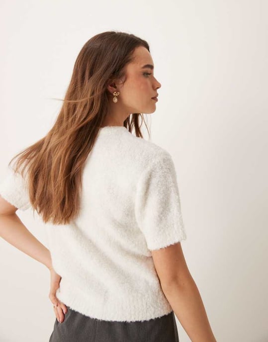 Gina Tricot supersoft texturerad stickad kortärmad cardigan i off white - Image 4