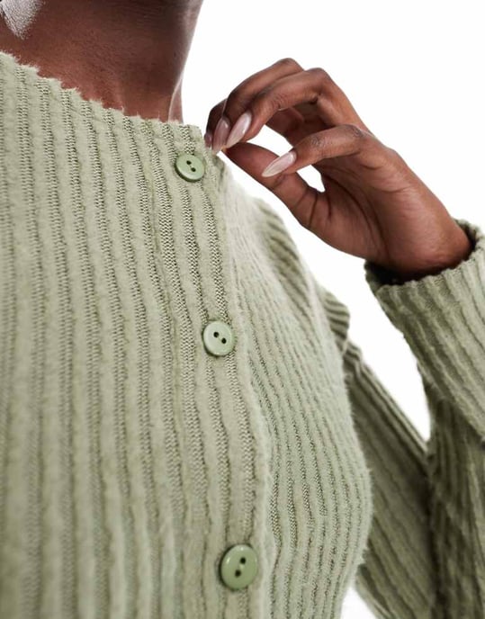 ASOS DESIGN brushed rib shrunken cardigan in khaki - Image 2