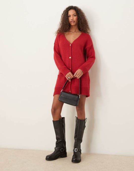 Miss Selfridge longline oversized cardigan dress in red - Image 2