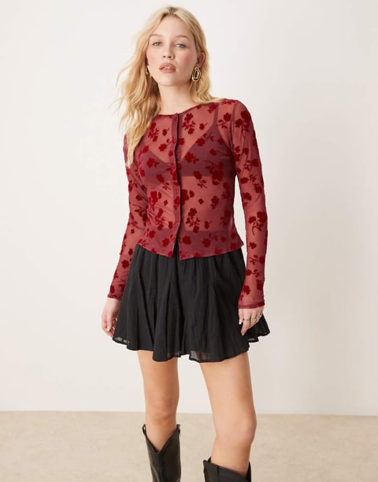 ASOS DESIGN genomskinlig blommig burnout-kardigan i burgundy - Image 1