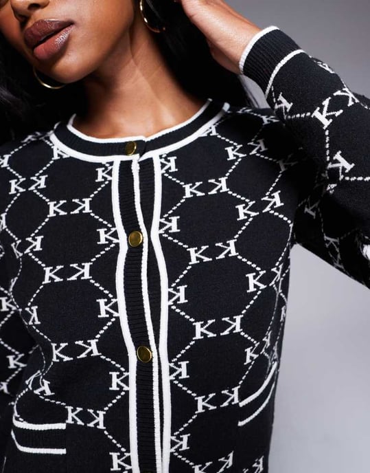 Kaiia exclusive knitted button through logo cardigan co-ord in mono - Image 3
