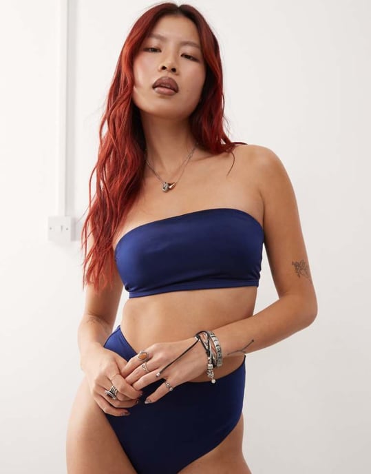 Monki mixa och matcha bandeau bikiniöverdel i marinblå - Image 1