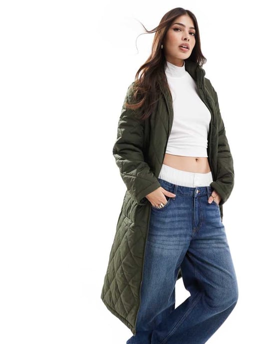 Pieces high neck quilted longline coat in khaki green - Image 2