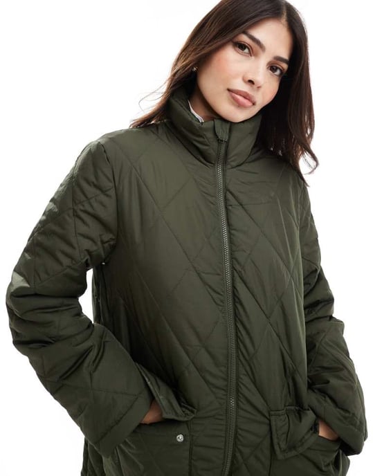 Pieces high neck quilted longline coat in khaki green - Image 3