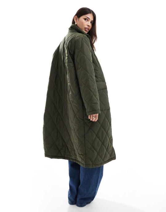 Pieces high neck quilted longline coat in khaki green - Image 4