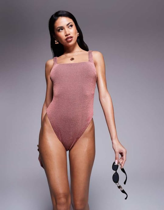 ASOS DESIGN Willow våffeltextur fyrkantig halsringning baddräkt i rosa - Image 1