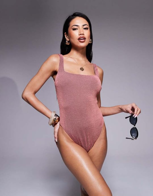 ASOS DESIGN Willow våffeltextur fyrkantig halsringning baddräkt i rosa - Image 3
