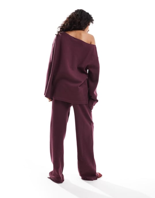 ASOS DESIGN oversize våffelbyxa i bordeaux samordnat set - BORDEAUX - Image 4