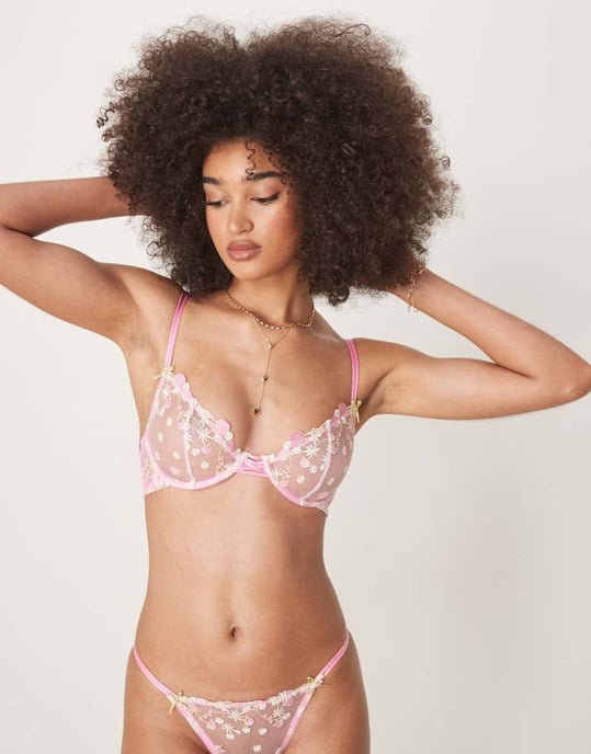 ASOS DESIGN Cleo premium broderad bh med byglar i rosa - Image 3