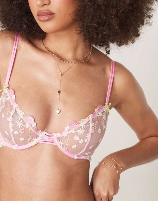 ASOS DESIGN Cleo premium broderad bh med byglar i rosa - Image 4