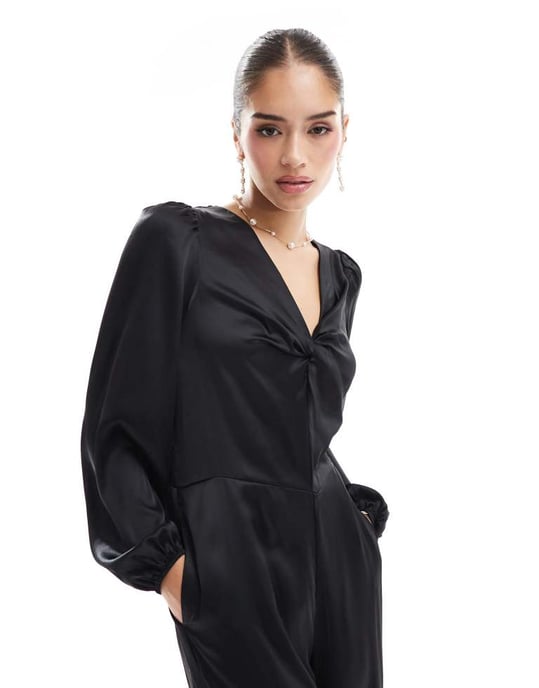 Vero Moda knytfront jumpsuit i svart satin - Image 3