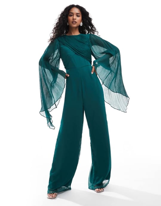 ASOS DESIGN överdrivna ärmar chiffong vida byxdress i juvelgrön - Image 1