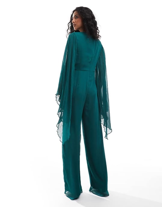 ASOS DESIGN överdrivna ärmar chiffong vida byxdress i juvelgrön - Image 4