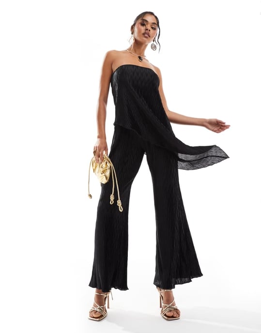 ASOS DESIGN plisse bandeau wide leg jumpsuit in black - Image 1
