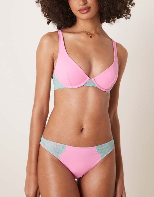 Dora Larsen Summer lace and microfibre brief in bright pink and blue - Image 3