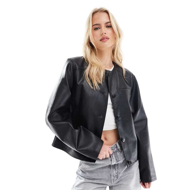 ASOS DESIGN Hög krage utan krage ren läderlik jacka i svart - Image 1