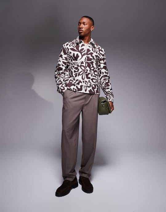 ASOS DESIGN blommig jacquard harrington-jacka i brunt - Image 3