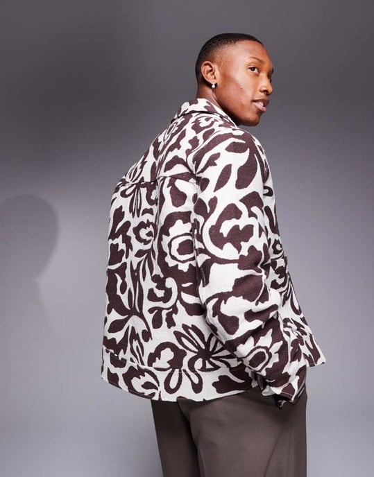 ASOS DESIGN blommig jacquard harrington-jacka i brunt - Image 4